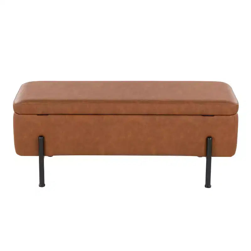 Banc rembourré Daniella – Structure en acier noir avec assise en cuir PU couleur camel