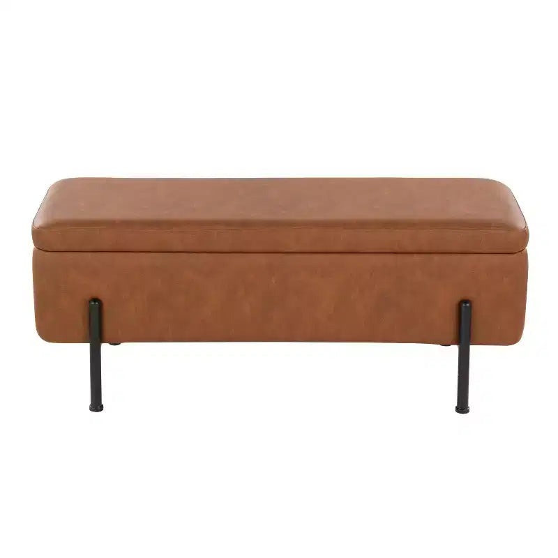 Banc rembourré Daniella – Structure en acier noir avec assise en cuir PU couleur camel