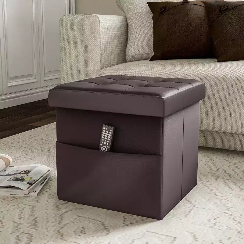 Foldable Storage Cube Ottoman with Pockets Brown - Yorkshire Home: Tufted, Faux Leather, MDF Frame, 330lb Capacity