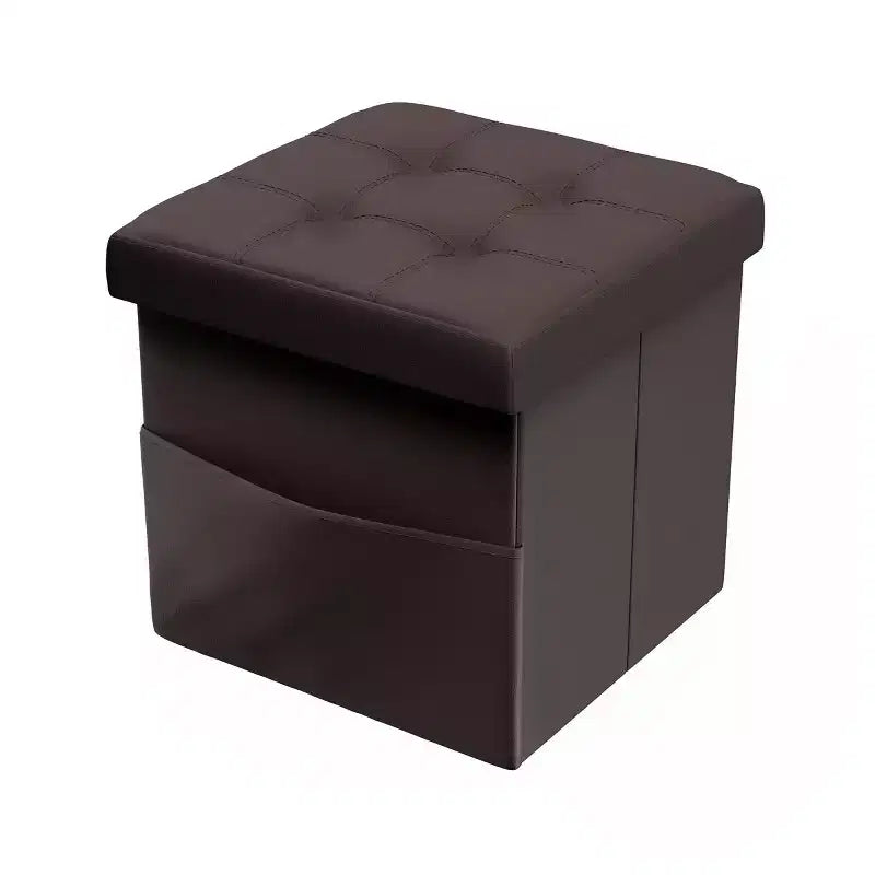 Foldable Tufted Faux Leather Storage Cube Ottoman with Pockets – Brown, 330lb Capacity