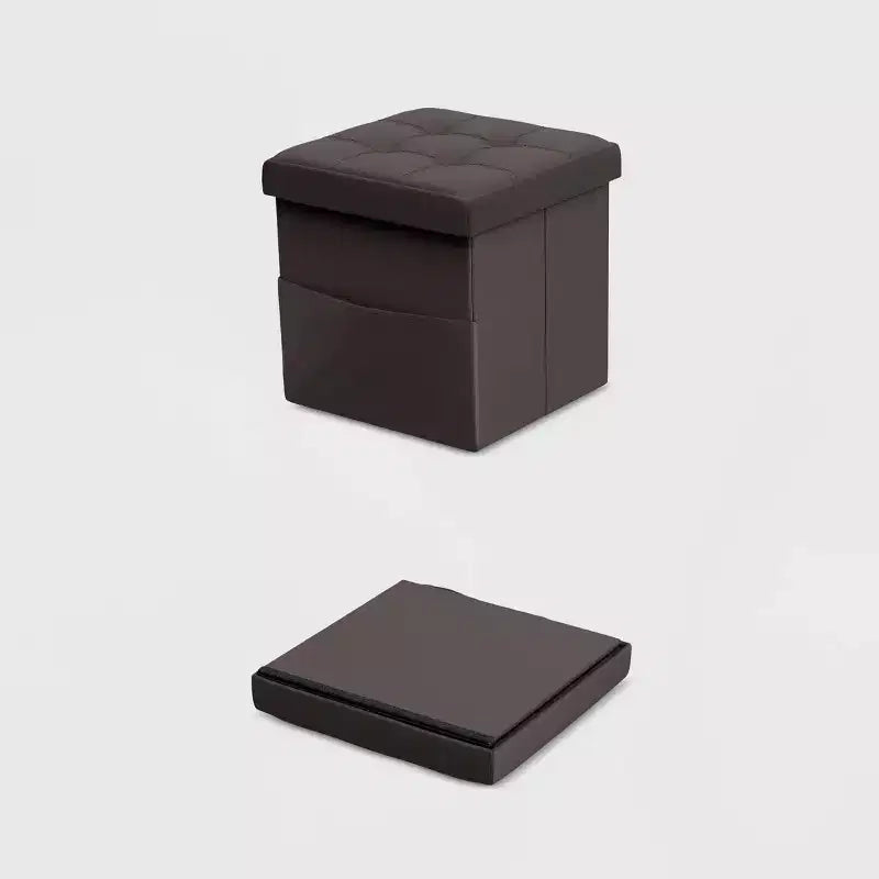 Foldable Tufted Faux Leather Storage Cube Ottoman with Pockets – Brown, 330lb Capacity