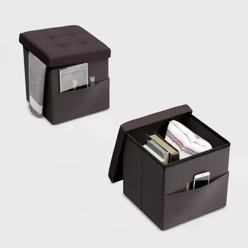 Foldable Tufted Faux Leather Storage Cube Ottoman with Pockets – Brown, 330lb Capacity
