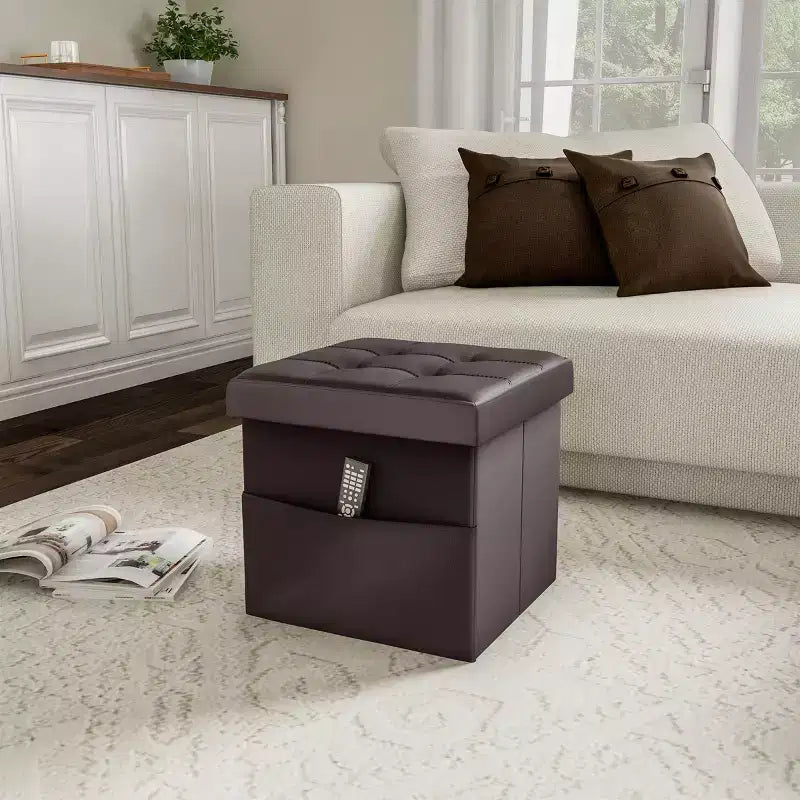 Foldable Tufted Faux Leather Storage Cube Ottoman with Pockets – Brown, 330lb Capacity