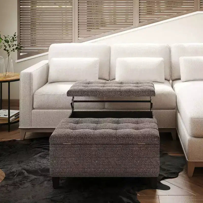 36" Elliot Coffee Table Storage Ottoman Faux Leather Mink Brown - WyndenHall: Tufted, Lift Top Bench