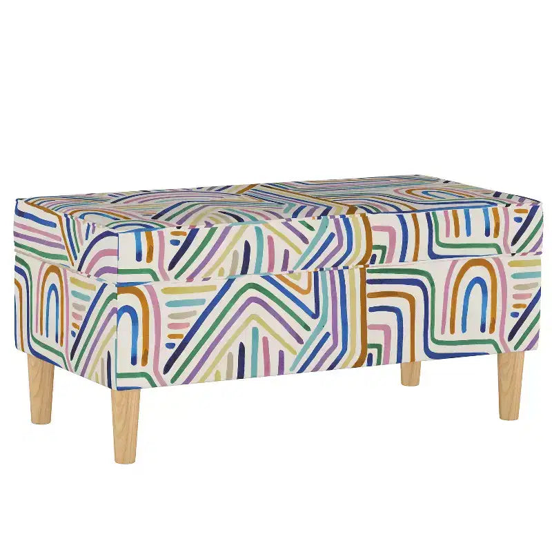 Skyline Furniture Storage Bench Rainbow Strokes Ochre: Upholstered Ottoman with Pine Frame, 250lb Capacity