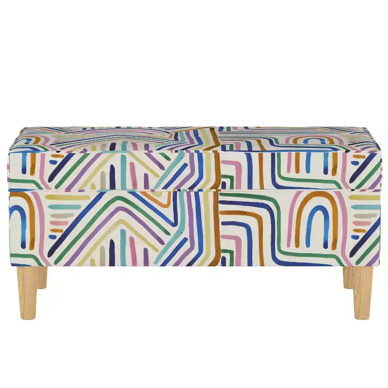 Banc de rangement capitonné avec cadre en pin – Coups de pinceau arc-en-ciel ocre, capacité 113 kg