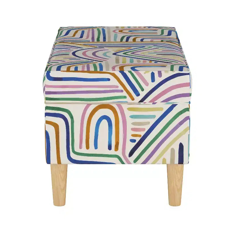 Banc de rangement capitonné avec cadre en pin – Coups de pinceau arc-en-ciel ocre, capacité 113 kg