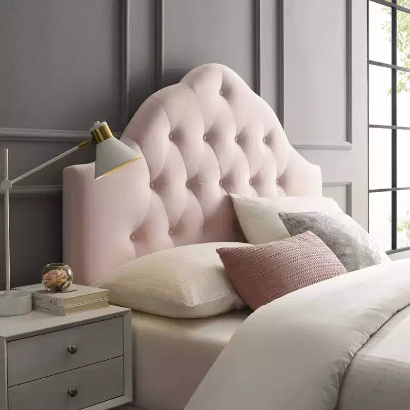 Full Size Diamond Tufted Performance Velvet Headboard – Pink, Adjustable Height