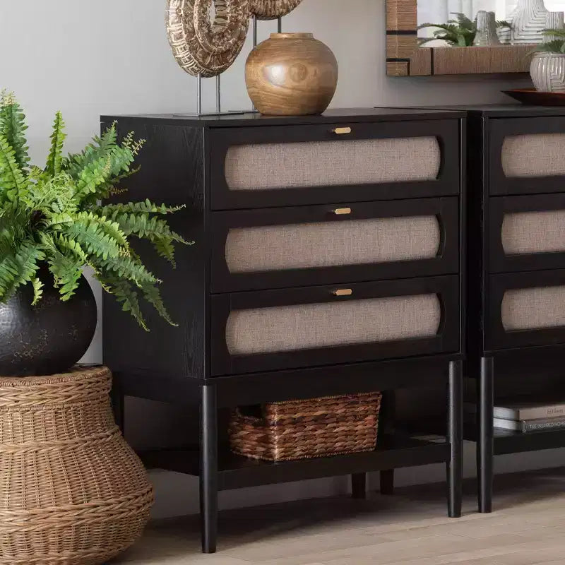 Commode de rangement en tissu et bois à 3 tiroirs – Beige et noir