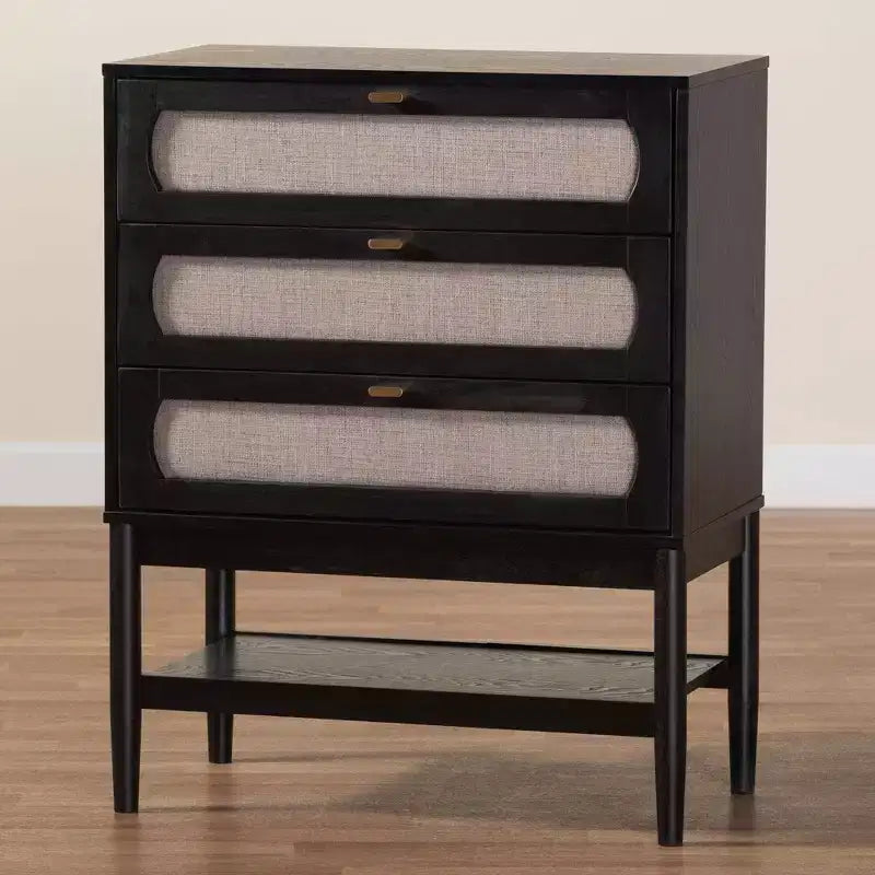Commode de rangement en tissu et bois à 3 tiroirs – Beige et noir