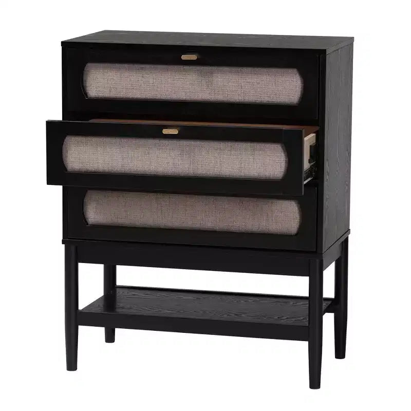 Commode de rangement en tissu et bois à 3 tiroirs – Beige et noir