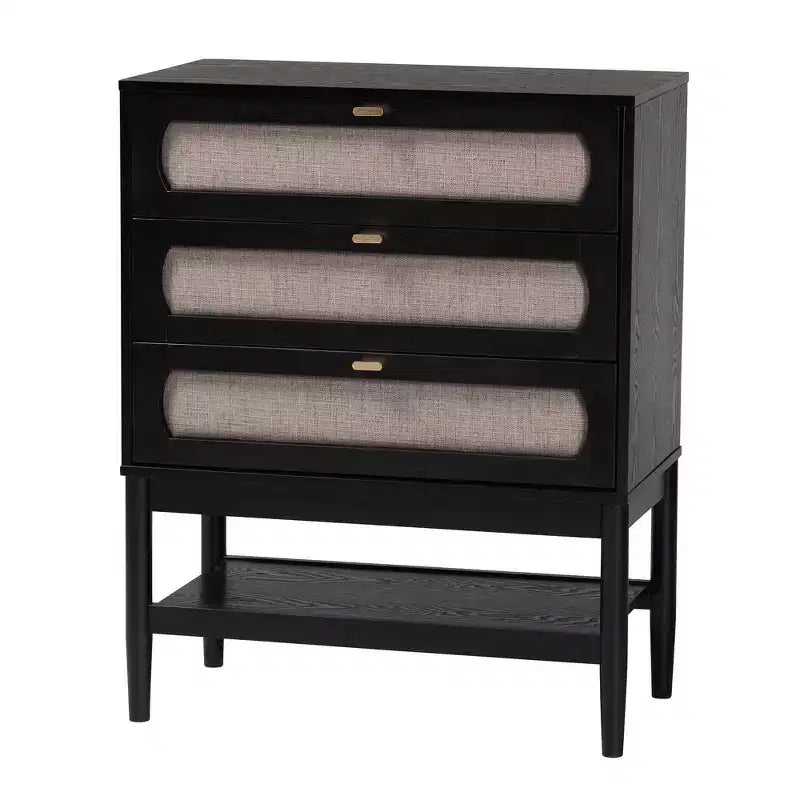 Commode de rangement en tissu et bois à 3 tiroirs – Beige et noir