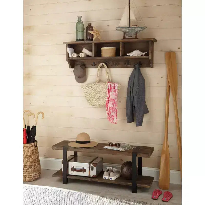 48'' Modesto Metal & Wood Wall Coat Hook with Bench – Brown Entryway Organizer