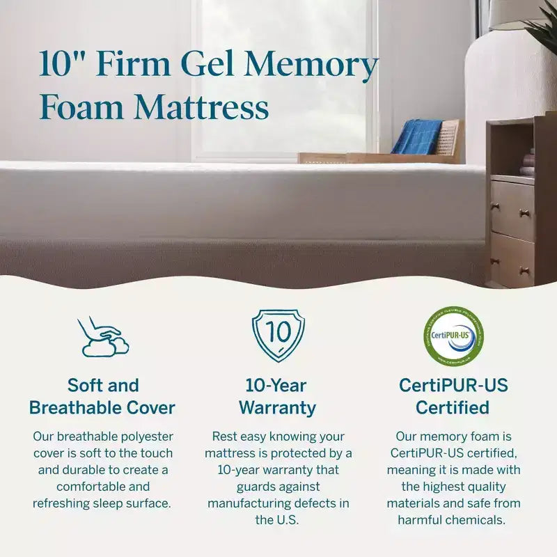 Firm 10'' Gel Memory Foam Mattress – Cooling Comfort for Better Sleep