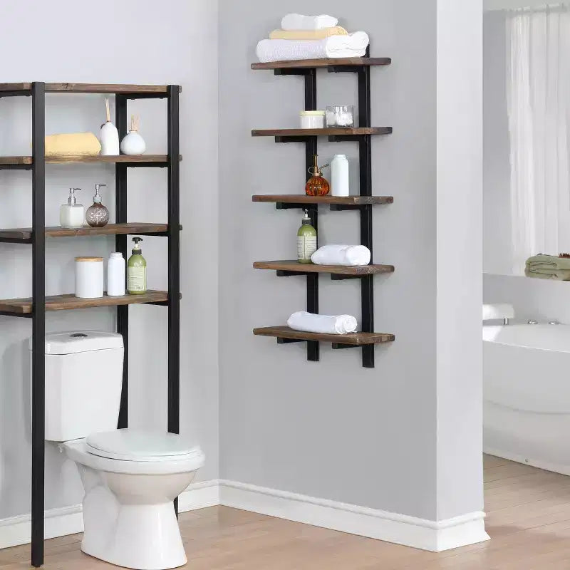 Pomona Metal & Solid Wood Bath Wall Shelf – Natural Finish Bathroom Storage