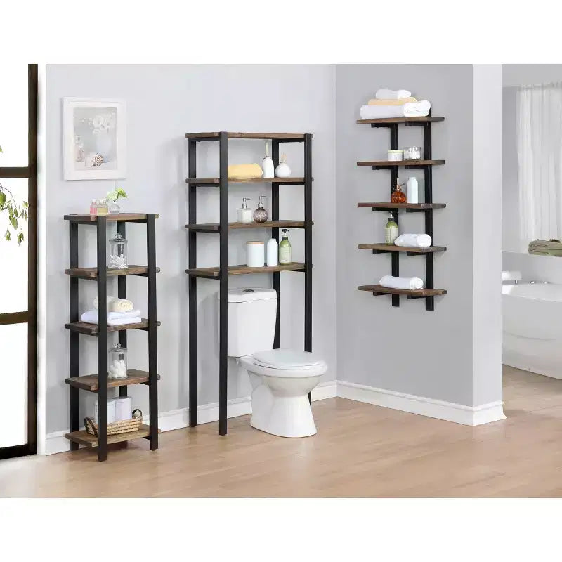 Pomona Metal & Solid Wood Bath Wall Shelf – Natural Finish Bathroom Storage