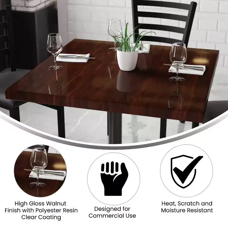Dessus de table carré en résine très brillante de 36 po avec rebord tombant de 2 po d'épaisseur