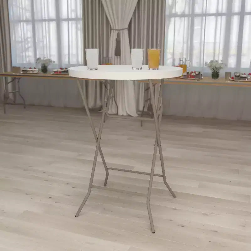 Table pliante ronde en plastique blanc effet granit, hauteur bar, de 2,63 pieds