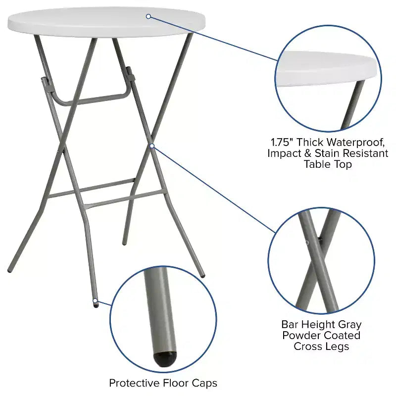 Table pliante ronde en plastique blanc effet granit, hauteur bar, de 2,63 pieds